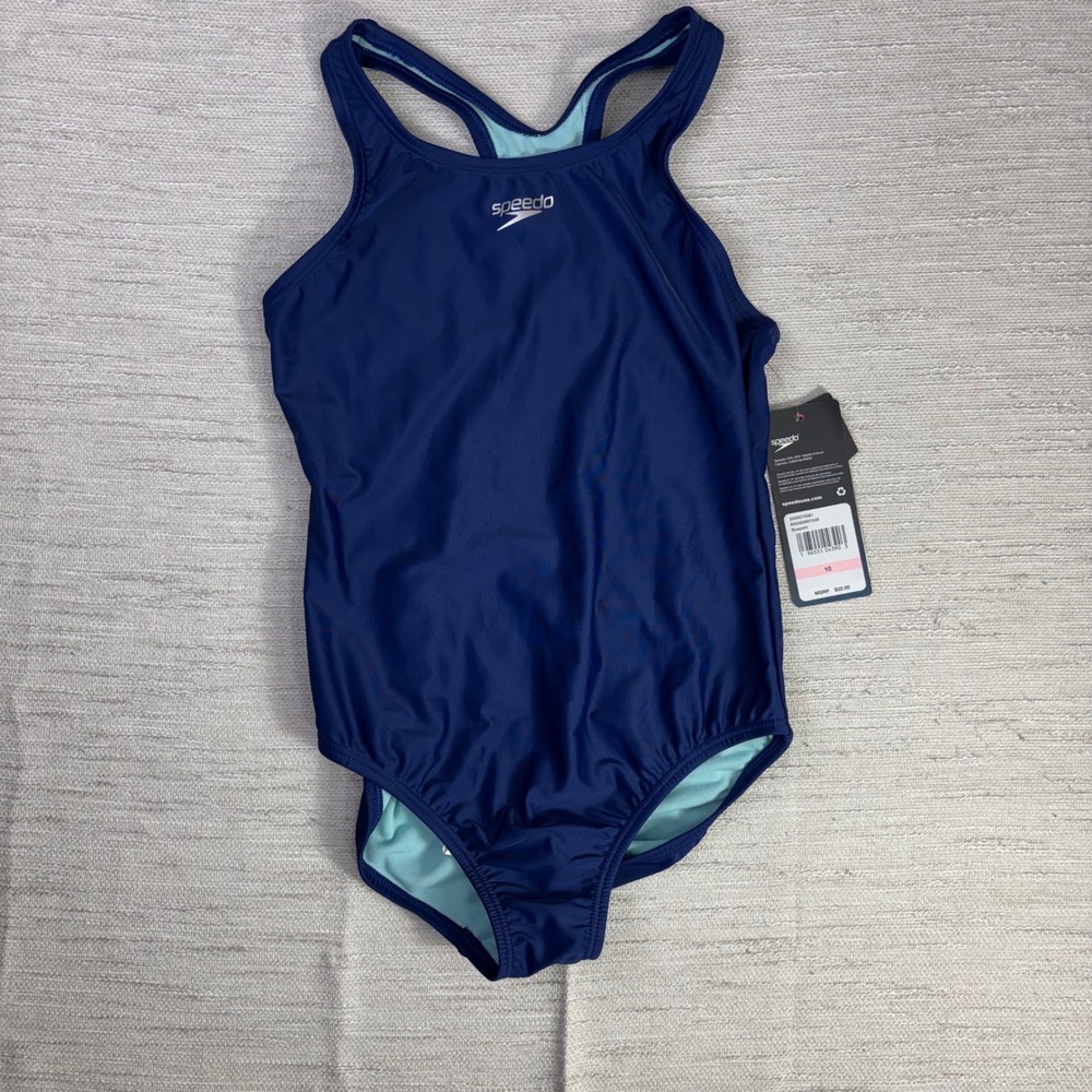 Speedo Girls Blueprint Navy Racerback One Piece Swimsuit UPF 50+ Size 10 NEW